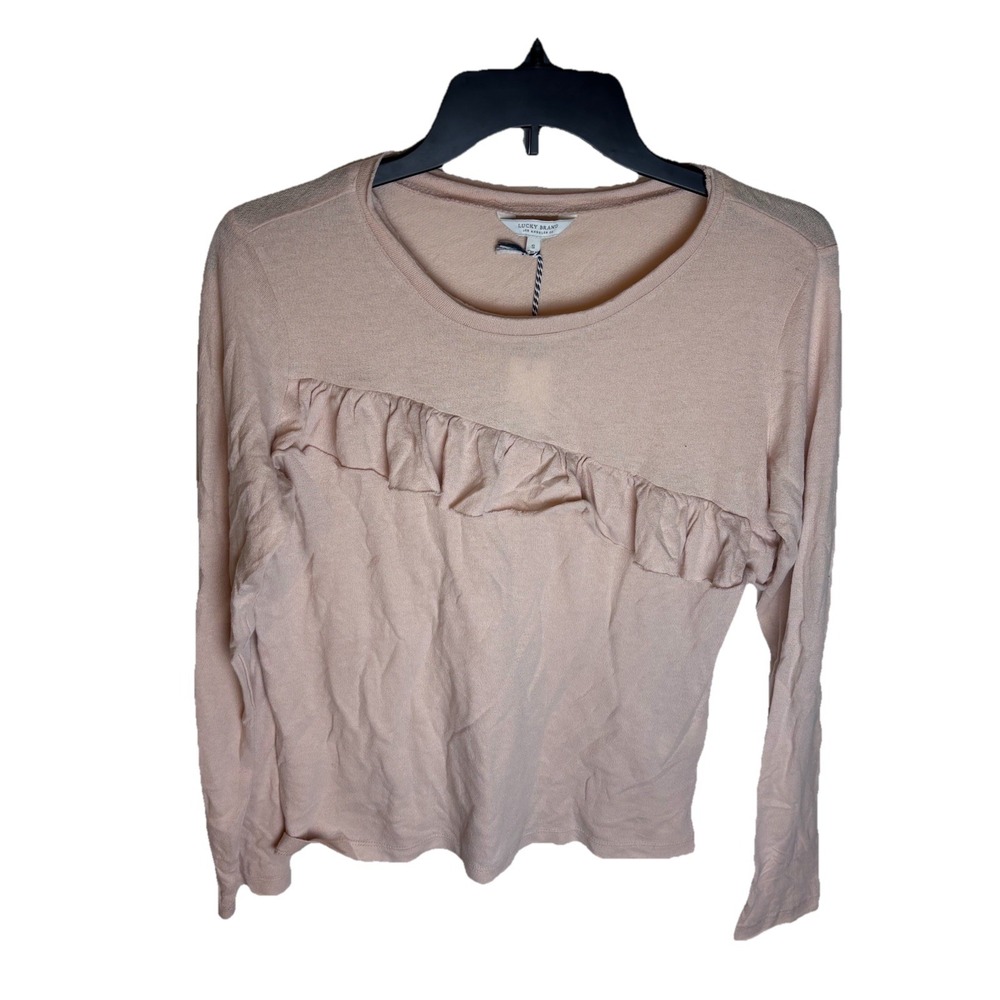 Lucky Brand Asymmetrical Ruffle Front Knit Top Sweater Pink Sz S Long Sleeve